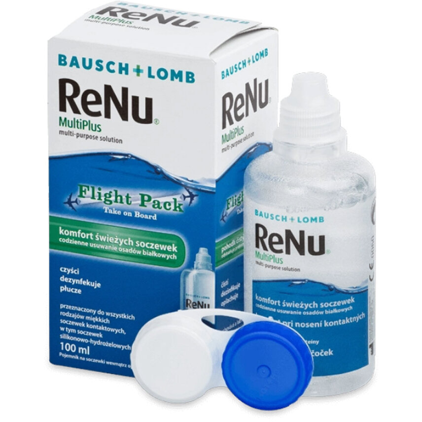 Solutie intretinere lentile de contact Renu Multiplus Flight Pack 100 ml + suport lentile cadou 100 imagine teramed.ro