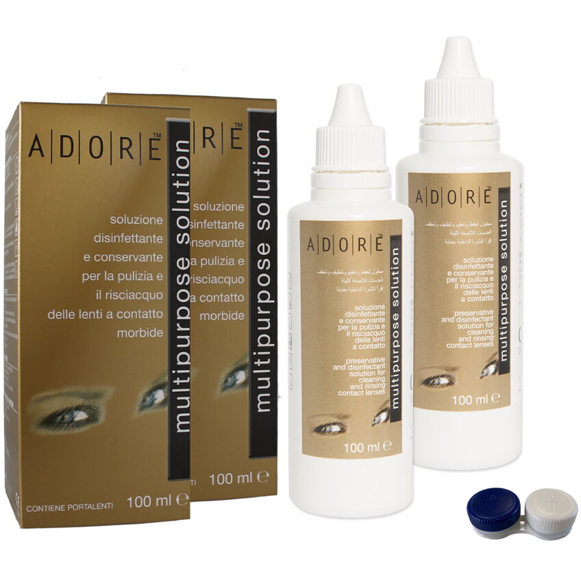 Solutie intretinere lentile de contact Adore Multi-Purpose 2 x 100 ml + suport lentile cadou Pret Mic Adore imagine noua