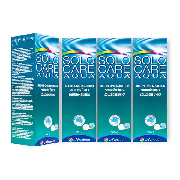 Menicon Solutie intretinere lentile de contact Solo-Care Aqua 4 x 360 ml + suport lentile cadou